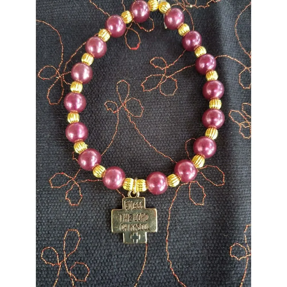 OOAK Handmade Christian Bracelet  Faux Pearl Gold Bless The Lord Cross Charm